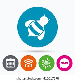 Wifi, Sms and calendar icons. Bee sign icon. Honeybee or apis with wings symbol. Flying insect diagonal. Go to web globe.