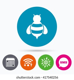 Wifi, Sms and calendar icons. Bee sign icon. Honeybee or apis with wings symbol. Flying insect. Go to web globe.