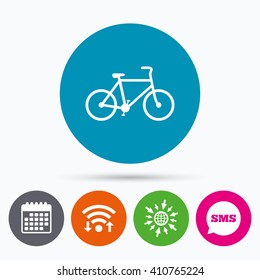 Wifi, Sms And Calendar Icons. Bicycle Sign Icon. Eco Delivery. Family Vehicle Symbol. Go To Web Globe.