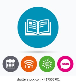 Wifi, Sms and calendar icons. Book sign icon. Open book symbol. Go to web globe.