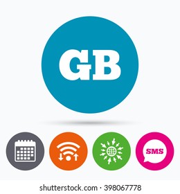 Wifi, Sms and calendar icons. British language sign icon. GB Great Britain translation symbol. Go to web globe.