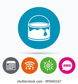 Wifi, Sms and calendar icons. Bucket of paint icon. Painting works sign. Painter equipment. Go to web globe.