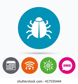 Wifi, Sms and calendar icons. Bug sign icon. Virus symbol. Software bug error. Disinfection. Go to web globe.