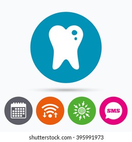 Wifi, Sms and calendar icons. Caries tooth icon. Tooth filling sign. Dental care symbol. Go to web globe.