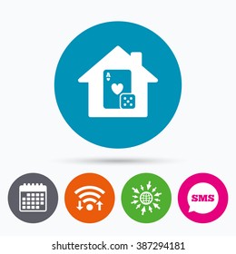 Wifi, Sms and calendar icons. Casino sign icon. Playing card with dice symbol. Go to web globe.