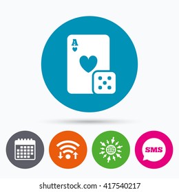 Wifi, Sms and calendar icons. Casino sign icon. Playing card with dice symbol. Go to web globe.