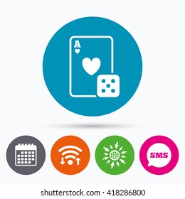 Wifi, Sms and calendar icons. Casino sign icon. Playing card with dice symbol. Go to web globe.