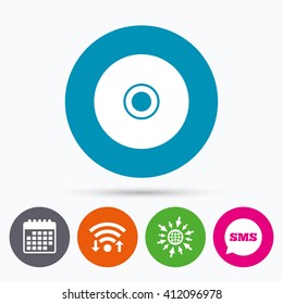 Wifi, Sms and calendar icons. CD or DVD sign icon. Compact disc symbol. Go to web globe.