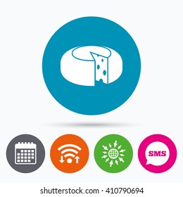 Wifi, Sms and calendar icons. Cheese wheel sign icon. Sliced cheese symbol. Round cheese with holes. Go to web globe.