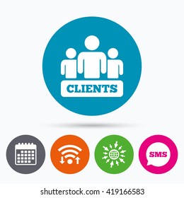 Wifi, Sms and calendar icons. Clients sign icon. Group of people symbol. Go to web globe.