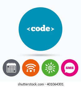 Wifi, Sms and calendar icons. Code sign icon. Programming language symbol. Go to web globe.