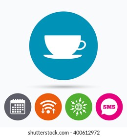 Wifi, Sms and calendar icons. Coffee cup sign icon. Coffee button. Go to web globe.
