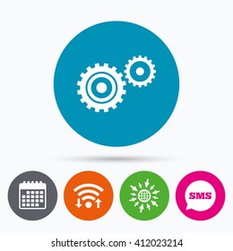 Wifi, Sms and calendar icons. Cog settings sign icon. Cogwheel gear mechanism symbol. Go to web globe.
