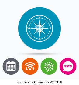 Wifi, Sms and calendar icons. Compass sign icon. Windrose navigation symbol. Go to web globe.