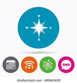 Wifi, Sms and calendar icons. Compass sign icon. Windrose navigation symbol. Go to web globe.