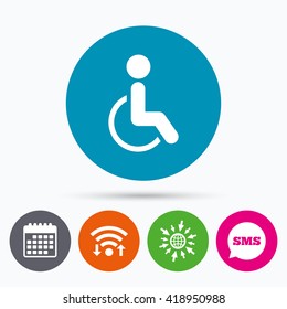 Wifi, Sms and calendar icons. Disabled sign icon. Human on wheelchair symbol. Handicapped invalid sign. Go to web globe.