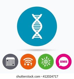 Wifi, Sms and calendar icons. DNA sign icon. Deoxyribonucleic acid symbol. Go to web globe.