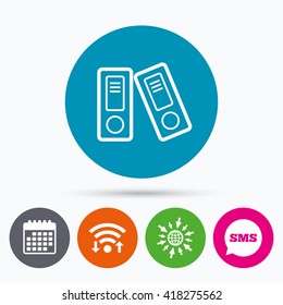 Wifi, Sms and calendar icons. Document folder sign. Accounting binder symbol. Bookkeeping management. Go to web globe.