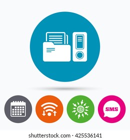Wifi, Sms and calendar icons. Document folder sign. Accounting binder symbol. Bookkeeping management. Go to web globe.