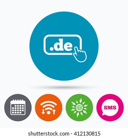 Wifi, Sms and calendar icons. Domain DE sign icon. Top-level internet domain symbol with hand pointer. Go to web globe.