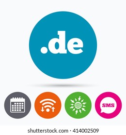 Wifi, Sms and calendar icons. Domain DE sign icon. Top-level internet domain symbol. Go to web globe.