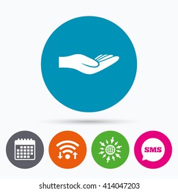 Wifi, Sms and calendar icons. Donation hand sign icon. Charity or endowment symbol. Human helping hand palm. Go to web globe.