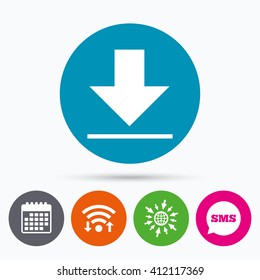 Wifi, Sms and calendar icons. Download icon. Upload button. Load symbol. Go to web globe.