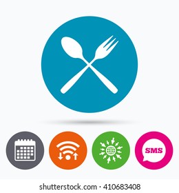 Wifi, Sms and calendar icons. Eat sign icon. Cutlery symbol. Dessert fork and teaspoon crosswise. Go to web globe.