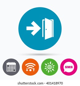 Wifi, Sms and calendar icons. Emergency exit sign icon. Door with right arrow symbol. Fire exit. Go to web globe.