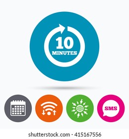 Wifi, Sms and calendar icons. Every 10 minutes sign icon. Full rotation arrow symbol. Go to web globe.