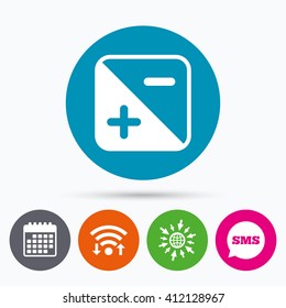 Wifi, Sms And Calendar Icons. Exposure Photo Camera Sign Icon. Quantity Of Light Settings. Go To Web Globe.