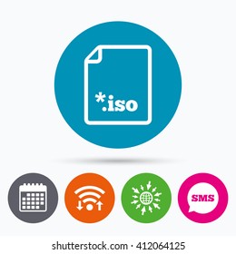 Wifi, Sms and calendar icons. File ISO icon. Download virtual drive file symbol. Go to web globe.