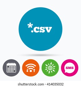 Wifi, Sms and calendar icons. File document icon. Download tabular data file button. CSV file extension symbol. Go to web globe.