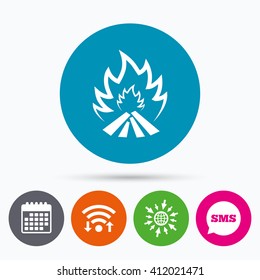 Wifi, Sms and calendar icons. Fire flame sign icon. Heat symbol. Stop fire. Escape from fire. Go to web globe.