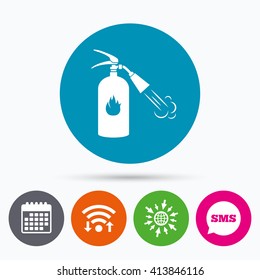 Wifi, Sms and calendar icons. Fire extinguisher sign icon. Fire safety symbol. Go to web globe.