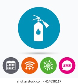 Wifi, Sms and calendar icons. Fire extinguisher sign icon. Fire safety symbol. Go to web globe.