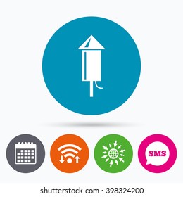 Wifi, Sms and calendar icons. Fireworks rocket sign icon. Explosive pyrotechnic device symbol. Go to web globe.
