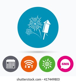 Wifi, Sms and calendar icons. Fireworks with rocket sign icon. Explosive pyrotechnic symbol. Go to web globe.