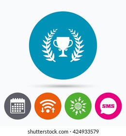Wifi, Sms and calendar icons. First place cup award sign icon. Prize for winner symbol. Laurel Wreath. Go to web globe.
