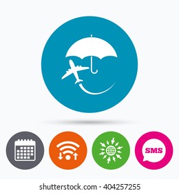 Wifi, Sms and calendar icons. Flight insurance sign icon. Safe travel symbol. Go to web globe.