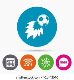 Wifi, Sms and calendar icons. Football fireball sign icon. Soccer Sport symbol. Go to web globe.