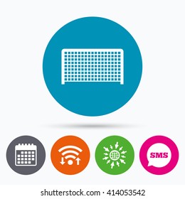 Wifi, Sms and calendar icons. Football gate sign icon. Soccer Sport goalkeeper symbol. Go to web globe.