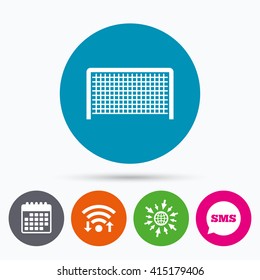 Wifi, Sms and calendar icons. Football gate sign icon. Soccer Sport goalkeeper symbol. Go to web globe.