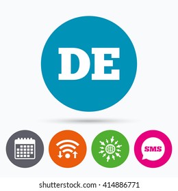 Wifi, Sms and calendar icons. German language sign icon. DE Deutschland translation symbol. Go to web globe.