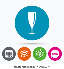 Wifi, Sms and calendar icons. Glass of champagne sign icon. Sparkling wine. Celebration or banquet alcohol drink symbol. Go to web globe.