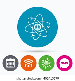 Wifi, Sms and calendar icons. Globe sign icon. World logistics symbol. Worldwide travel flights. Go to web globe.