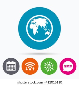 Wifi, Sms and calendar icons. Globe sign icon. World map geography symbol. Go to web globe.