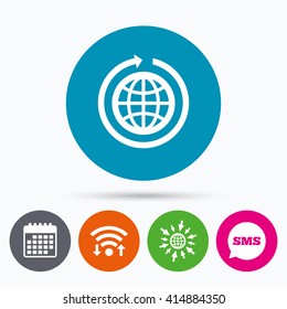 Wifi, Sms and calendar icons. Globe sign icon. Round the world arrow symbol. Full rotation. Go to web globe.