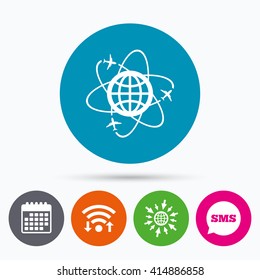 Wifi, Sms and calendar icons. Globe sign icon. World logistics symbol. Worldwide travel flights. Go to web globe.