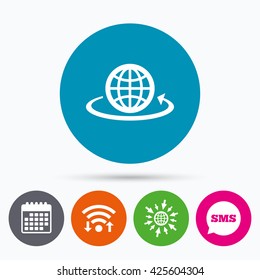 Wifi, Sms and calendar icons. Globe sign icon. Round the world arrow symbol. Full rotation. Go to web globe.